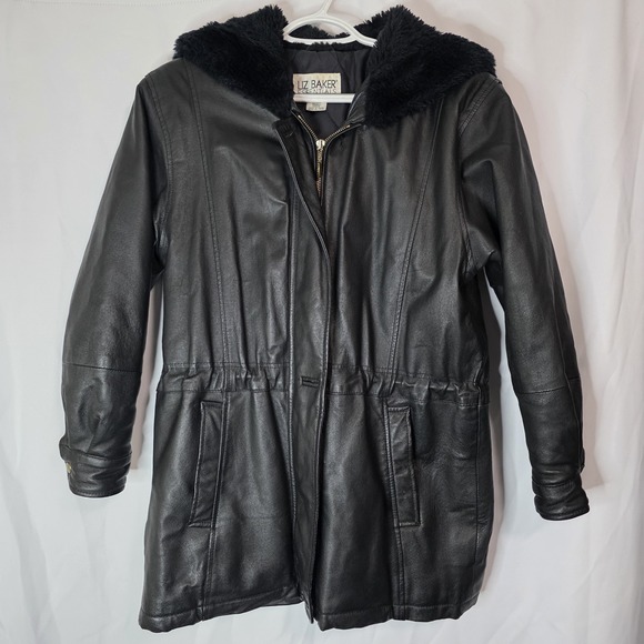 Liz Baker Jackets & Blazers - Vintage Genuine Leather Black‎ Coat Faux Fur Hood Y2K Minimalist Jacket